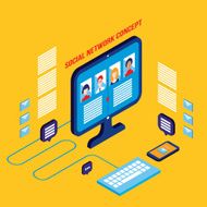 Workplace isometric elements set Social network and communication concept