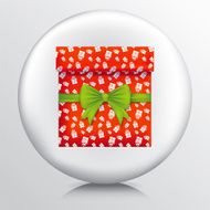 Round Icon With Red Patterned Gift Box and Green Bow