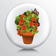Round Icon With Terra Cotta Flower Filled Pot and Butterfly