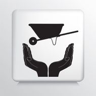 Square Icon With Two Hands Cupping a Garden Wheelbarrow Silhouette