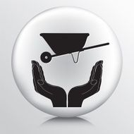 Round Icon With Two Hands Cupping a Garden Wheelbarrow Silhouette