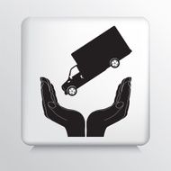 Square Icon With Two Hands Cupping a Tipped Hauling Truck