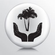 Round Icon With Two Hands Cupping Palm Trees Silhouette