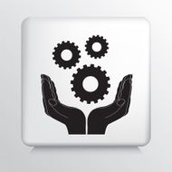 Square Icon With Two Hands Cupping Three Cog Gears Silhouette