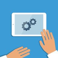 Tablet pc in process and human hands