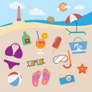 Colorful beach equipment icon set