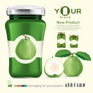 Glass bottle packaging for fruit jam design guava vector