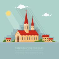 Landscape church on the background of city Flat vector