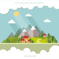 Landscape Houses in the mountains among trees Flat style