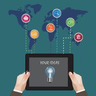 hands tablet world map icons N2