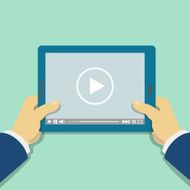 Human hand holds tablet computer with video player Media screen N2