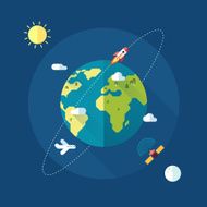 Earth banner with sun moon stars and space rocket