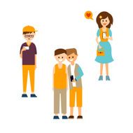 Young People Communicating with Devices Vector Illustration Set