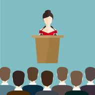 Business woman makes a speech on the podium
