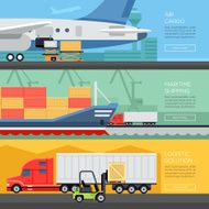Logistic flat banners set of maritime rail and air transport