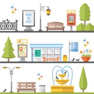 City elements outdoor elements and city scenes flat illustrations set