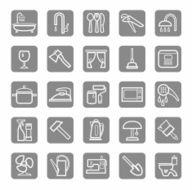 Icons household goods appliances plumbing white outline grey background