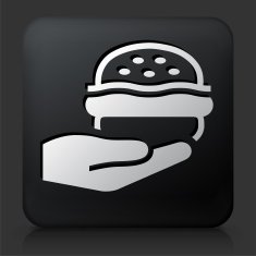 Black Square Button with Hands Holding Burger