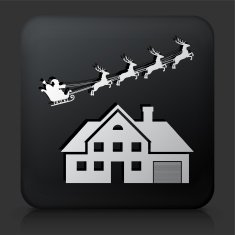 Black Square Button with Santa's Sleigh Over the House