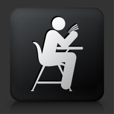 Black Square Button with Person Reading a Book Icon N2
