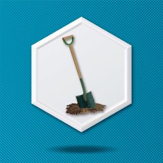 White 3D Hexagon Icon On Blue With Shovel