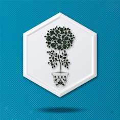 White 3D Hexagon Icon On Blue With Rose Tree