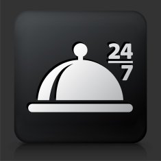Black Square Button with 24 7 Food