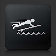Black Square Button with Stick Figure and Surfboard