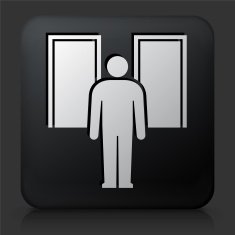 Black Square Button with Man Silhouette Facing Doors