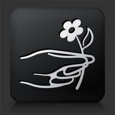 Black Square Button with Hand Holding Flower