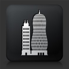 Black Square Button with Futuristic Building Icon
