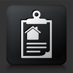 Black Square Button with House Info on Clipboard Icon