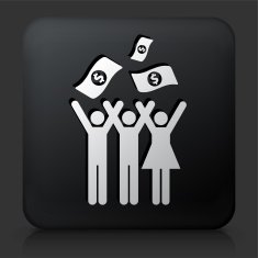 Black Square Button with Small Group Celebration & Money
