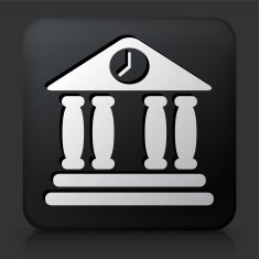Black Square Button with Building & Clock Icon