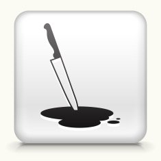 White Square Button with Knife and Pool of Blood
