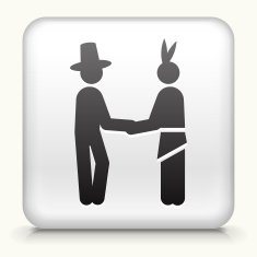 White Square Button with Pilgrim & Native American Icon