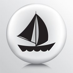 Round White Icon With Silhouette Sailboat and Waves