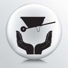 Round Icon With Two Hands Cupping a Garden Wheelbarrow Silhouette