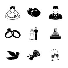 Set of wedding icons - cake flowers dove champagne rings