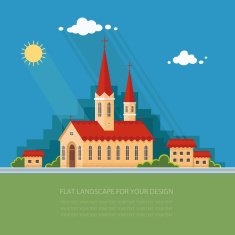 Landscape church on the background of city Flat illustration