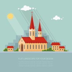 Landscape church on the background of city Flat vector