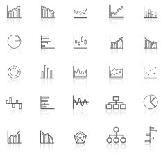 Graph line icons with reflect on white background