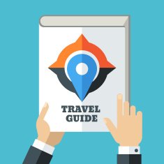 Mens hand holding travel guide Creative flat illustration