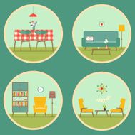 flat set retro living room interior vector illustration