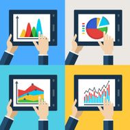 Vector set of touchscreen tablets diagram and chart on screen