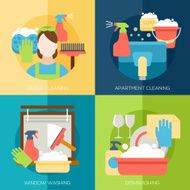 Cleaning design concept with office apartment windows dishes flat icons