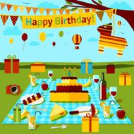 Happy birthday picnic poster with different food and drink presents
