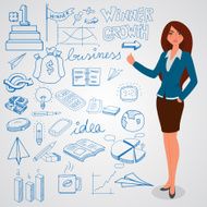 Young businesswoman with various business infographic elements