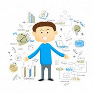 Young happy businessman with various infographic elements