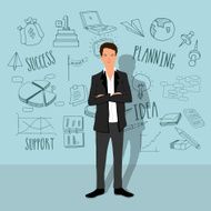 Stylish businessman with various business elements